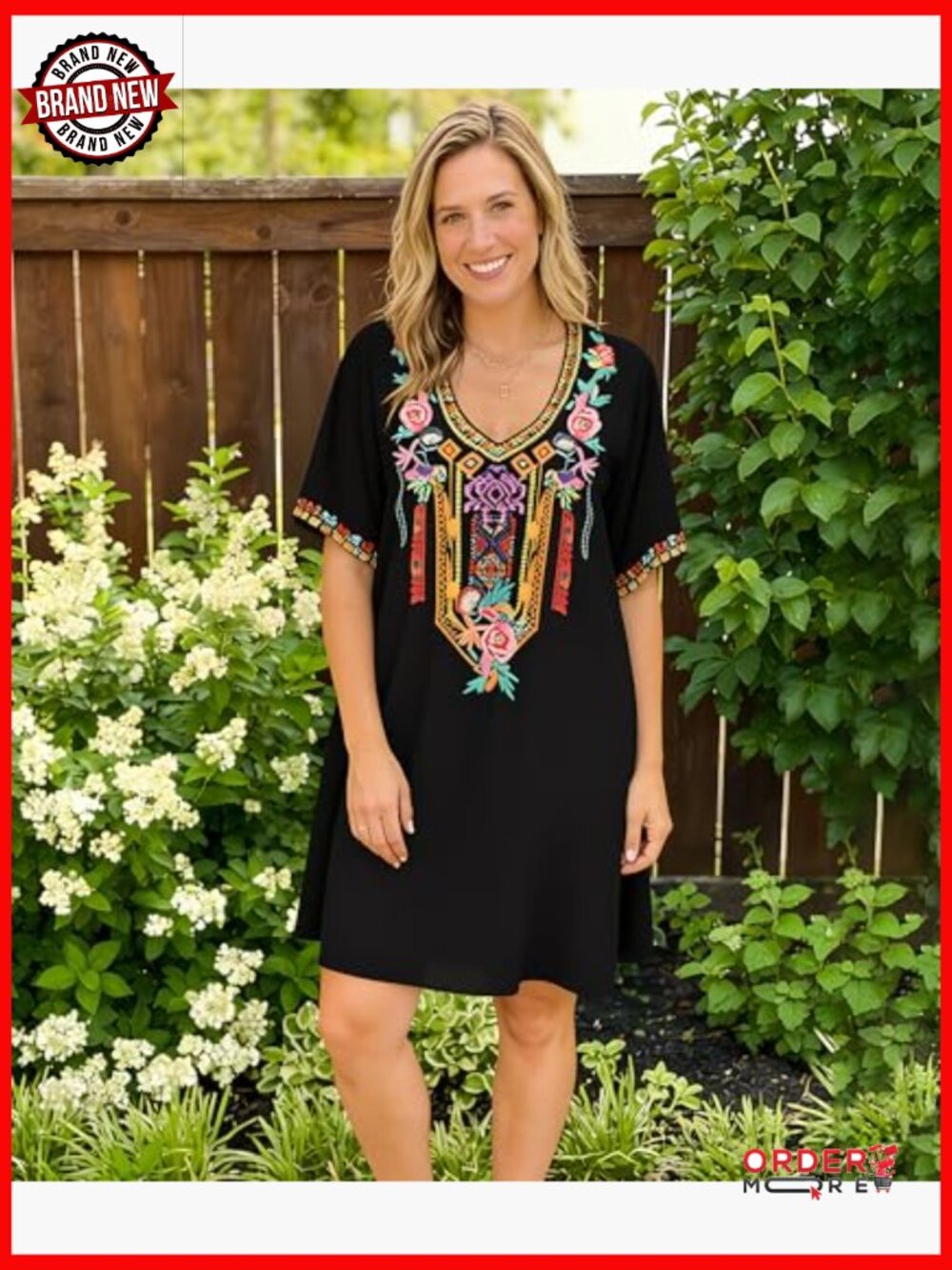 Mexican Embroidered Bohemian Peasant Dress Plus Size Rayon Summer - Picture 4 of 7
